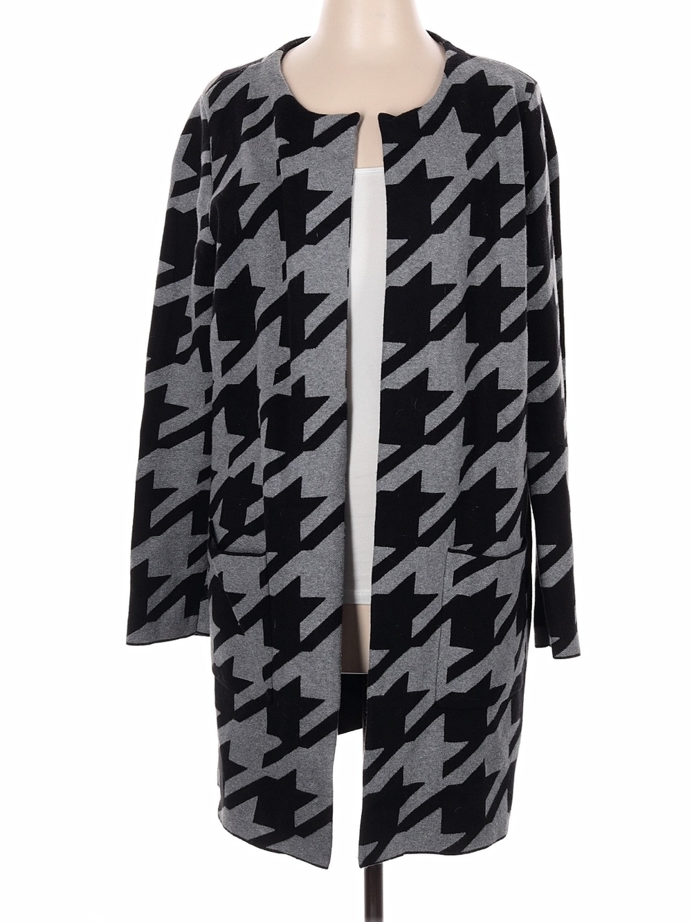 ANN TAYLOR Long Open-Front Houndstooth Cardigan Size Large Black Gray